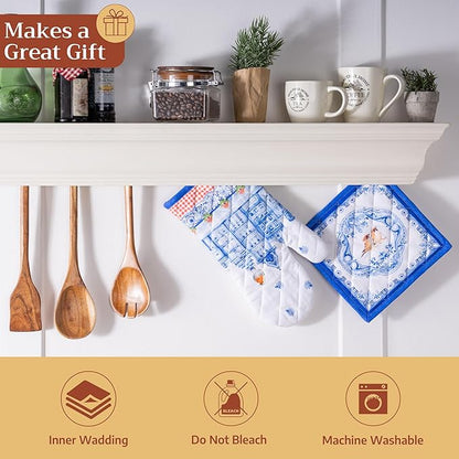 Maison d' Hermine 100% Cotton Oven Mitt & Pot Holder Set (7.5"x13" & 8"x8") Heat Resistant BBQ Cooking Gloves with Loop Baking Grilling Kitchen Hotel Home Farmhouse Spring Summer (Amsterdam Canals)