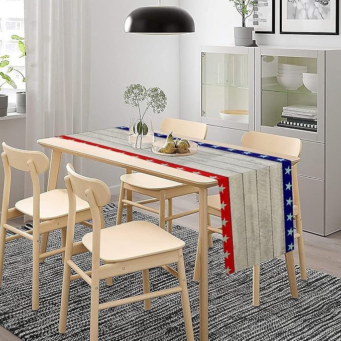 4th of July Memorial Day Table Runner, USA Flag Patriotic Wood Indoor Patriotic Independence Table Decor for Home Party 13x36 Inch
