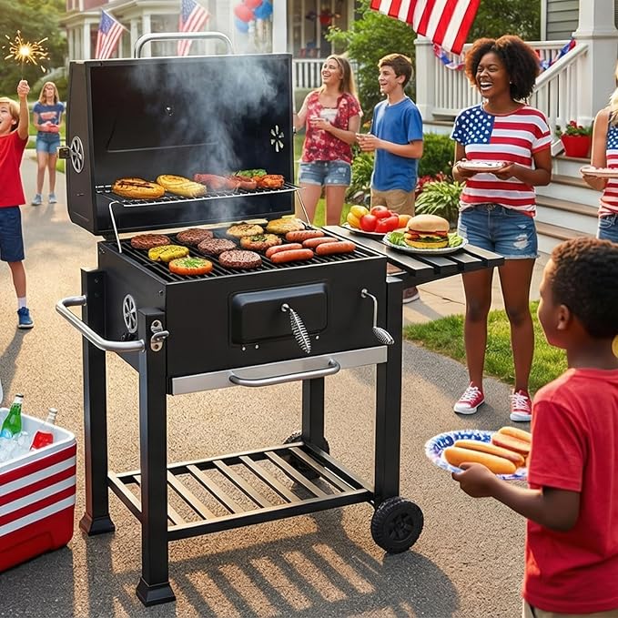 Portable Charcoal Grill, Large BBQ Grill with Height Adjustable Charcoal Pan, Built-in Thermometer & Foldable Side Table, Outdoor Charcoal Grill Portable for Patio Backyard Picnic Camping