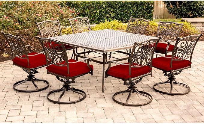 Hanover Traditions 9-Piece Patio Dining Set, Rust-Free Aluminum Outdoor Dining Set with Autumn Berry Cushions, 8 Swivel Rockers and Aluminum Square Dining Table, All-Weather Outdoor Dining Set for 8