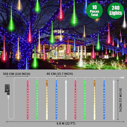 LAMPHOME Christmas Lights Outdoor,12-inch LED Meteor Shower Icicle Lights, 10 Tubes 240 LED String Lights. Waterproof Plug, Shower Rain for Xmas Tree Yard House Decor Multi-Colored