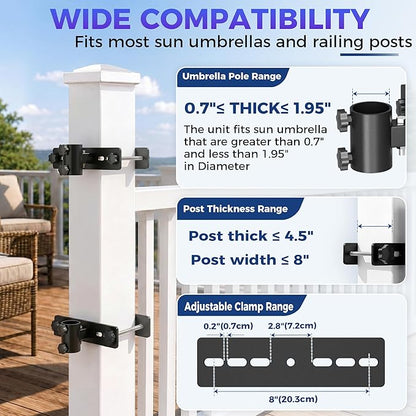 Patio Umbrella Clamp for Deck Rail, Patio Umbrella Holder for Deck Railing, Deck Umbrella Mount, Umbrella Attached to Deck Railing, Adjustable Vertical/Horizontal Mounting – 2 Independent Sleeves