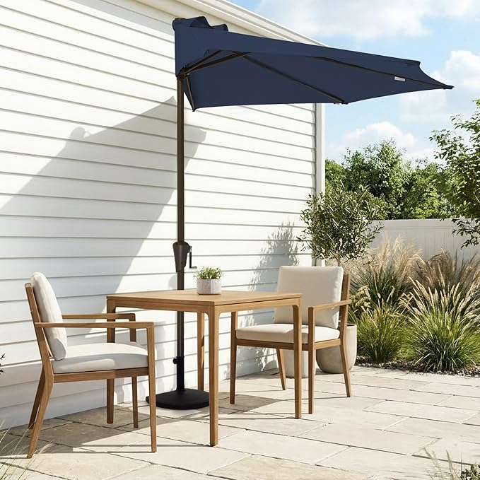 JEAREY 9ft Half Umbrella Outdoor Patio Umbrella Market Umbrella with Crank, 1/2 Round Wall Umbrella 5 Sturdy Ribs UV Protection for Pool Garden Balcony Deck, Purplish Blue
