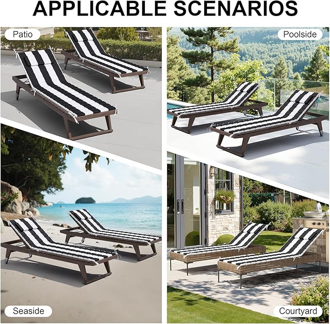 Crestlive Products Chaise Lounge Cushion Outdoor Set of 2, Foldable Waterproof Pool Lounge Chair Cushions with Straps, Lounger Cushions for Outdoor Furnitur, 71''Lx21''W (Black Stripe)