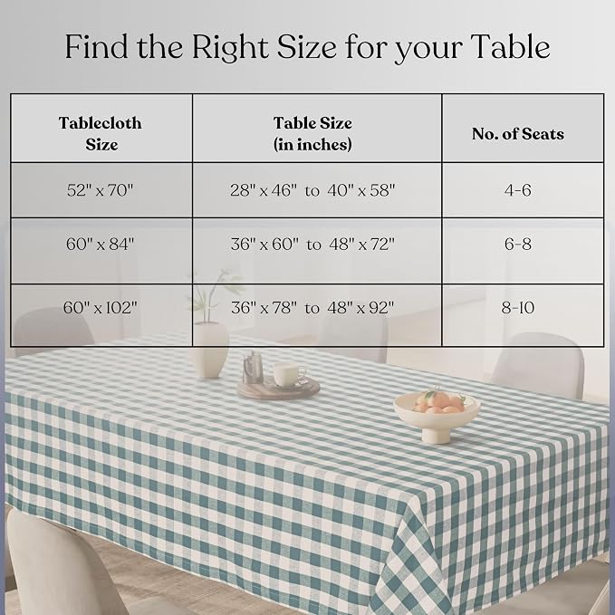 Gingham Tablecloth, 60x84 Inch, 100% Cotton, Classic Check Table Cover, Durable & Washable for Farmhouse Kitchen, Picnics, Dining Table, Everyday Use, Teal Green and White