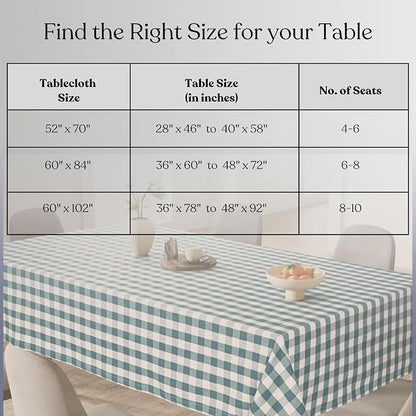 Gingham Tablecloth, 60x84 Inch, 100% Cotton, Classic Check Table Cover, Durable & Washable for Farmhouse Kitchen, Picnics, Dining Table, Everyday Use, Teal Green and White