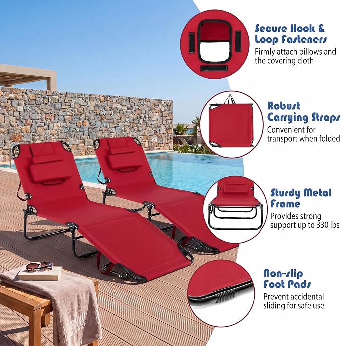 Goplus Tanning Chair, Folding Beach Lounge Chair with Face Hole, Removable Pillow, Carry Strap, Position Adjustable, Sunbathing Chair, Portable Outside Lounge Chair for Patio Pool (1, Red)