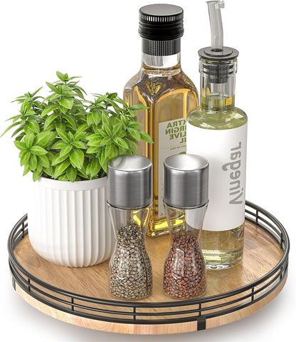 AMH 10-Inch Farmhouse Oak Lazy Susan Organizer for Cabinet | Smooth rotating oak tray with walnut finish for dining tables, kitchen counters, pantries and cabinet storage.