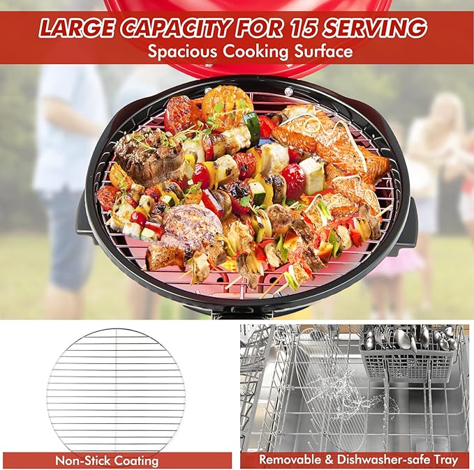 HAPPYGRILL Electric Grill Outdoor, 1600W Barbecue 15-Serving for Indoor & Outdoor Use, Portable Stand BBQ Grill for Cooking Patio Kitchen Garden, Red