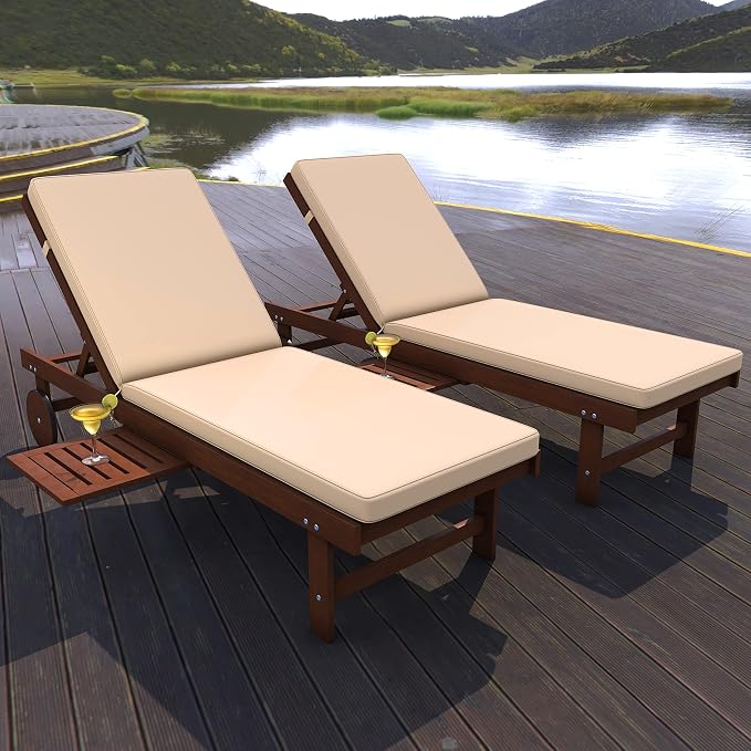 JONATHAN Y Seabrook 23.62" x 68.9" Acacia Wood Outdoor Chaise, Dark Brown | 5-Position Adjustable Back, Ivory Polyester Cushion, Pull-Out Side Table, Built-In Wheels, 600lb Capacity, Modern Coastal