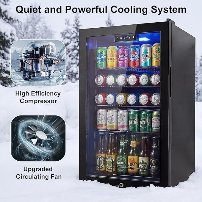20 Inch Beverage Refrigerator, Mini Fridge with Glass Door for Soda Beer–130 Can Small Fridge for Home Office Bar, 3.4 Cu.Ft Drink Cooler with Reversible Door, Digital Temperature Control,Black