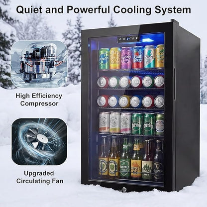 20 Inch Beverage Refrigerator, Mini Fridge with Glass Door for Soda Beer–130 Can Small Fridge for Home Office Bar, 3.4 Cu.Ft Drink Cooler with Reversible Door, Digital Temperature Control,Black