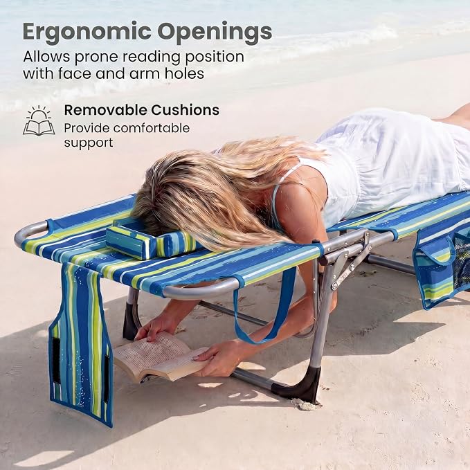 Goplus Tanning Chair, Folding Beach Lounge Chair with Face &Arm Hole, 4-Position Adjustable,Removable Pillow,Side Pocket, Sunbathing Chair, Portable Outdoor Lounge Chair for Patio Pool Lawn