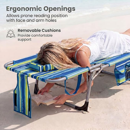 Goplus Tanning Chair, Folding Beach Lounge Chair with Face &Arm Hole, 4-Position Adjustable,Removable Pillow,Side Pocket, Sunbathing Chair, Portable Outdoor Lounge Chair for Patio Pool Lawn