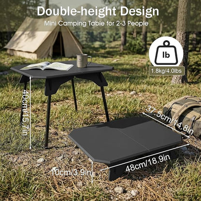 Folding Camping Table, 2-in-1 Adjustable Height Portable Outdoor Aluminum Camp Desk with Carrying Bag, Lightweight Foldable Table for Picnic, Beach, BBQ, Hiking, Fishing, Travel (Black)