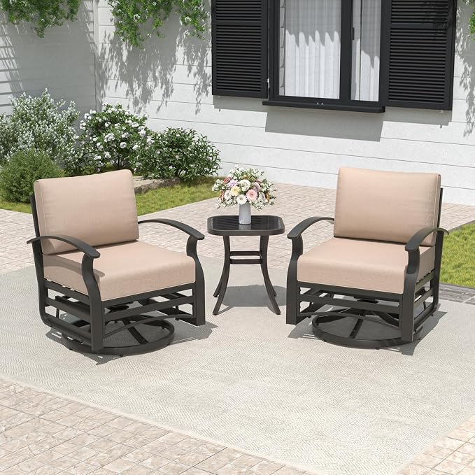 ALAULM 3 Piece Aluminum Outdoor Swivel Armchairs High Back Metal Swivel Rocking Chairs with 5.1" Sponge Cushions &1 Coffee Table for Patio, Porch, Backyards, Garden(Sand)