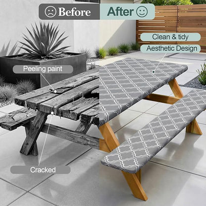 Picnic Table Cover with Bench Covers Camping Essentials Waterproof Windproof Camping Tablecloth with Drawstring Bag, Fitted Rectangle Tables and Seats, 96in, Grey