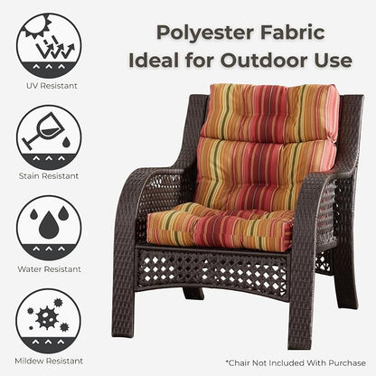 Outdoor Tufted High-Back Chair Cushions, One-Piece Hinged Seat and Back Design, Reversible with 4 Ties, Durable Polyester Fabric, Recycled Fiber Fill - Single, Kinnabari Stripe