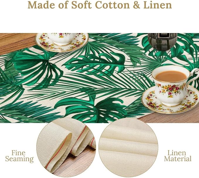 Tropical Leaves Table Runner Jungle Green Plam Tree Leave Retro Boho Hawaii Botanical Plant Spring Seasonal Dinner Runner for Home Farmhouse Kitchen Dining Holiday Party 13x36in