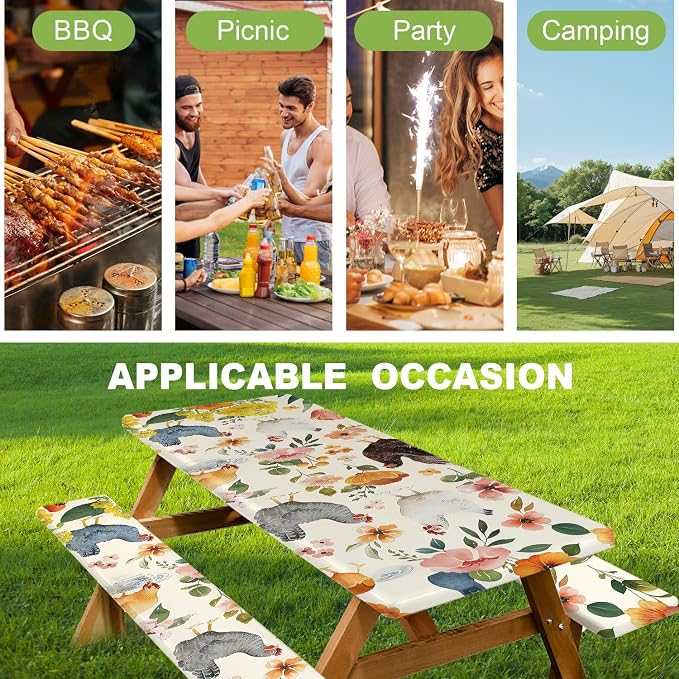 FOREVER QUEEN Picnic Table Cover with Bench Covers 72in,Waterproof Windproof Fitted Tablecloth,Farm Chicken with Floral Print Camping Essentials with Drawstring Bag for Patio,Park & Backyard