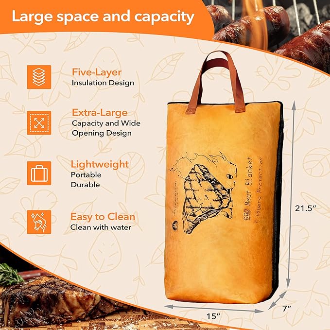 New England Stories BBQ Blanket for Resting Meat, 5-Layer Insulated Meat Resting Bag for Moisture Retention and Perfect BBQ, Wide Mouth with Handle Design for Large Brisket/Pork Shoulders/Turkeys