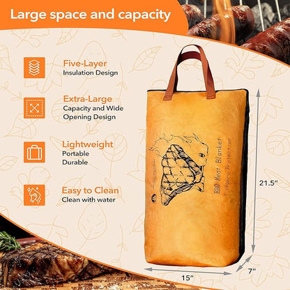 New England Stories BBQ Blanket for Resting Meat, 5-Layer Insulated Meat Resting Bag for Moisture Retention and Perfect BBQ, Wide Mouth with Handle Design for Large Brisket/Pork Shoulders/Turkeys