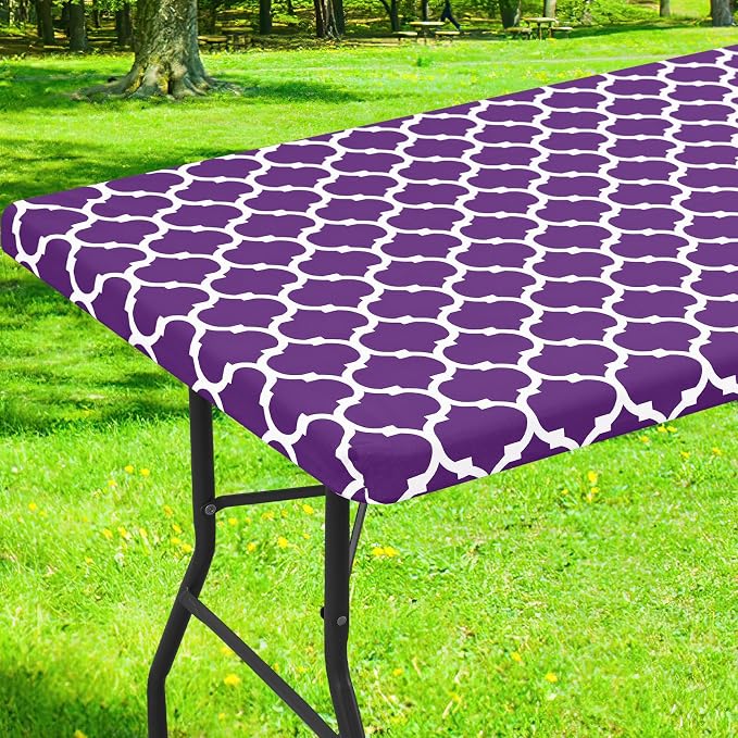 Smiry Picnic Fitted Table Cover, 8 Foot Flannel Backed Vinyl Tablecloth | Waterproof Elastic Stretch Table Cloth, Wipeable Plastic Tablecloth for Camping, Indoor & Outdoor (Purple, 30" x 96")
