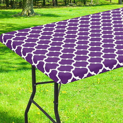 Smiry Picnic Fitted Table Cover, 8 Foot Flannel Backed Vinyl Tablecloth | Waterproof Elastic Stretch Table Cloth, Wipeable Plastic Tablecloth for Camping, Indoor & Outdoor (Purple, 30" x 96")