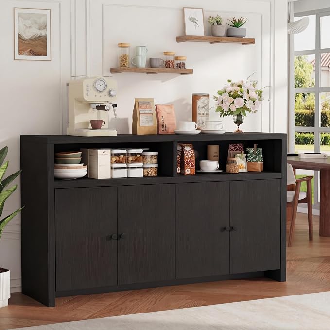 Buffet Sideboard Cabinet with Storage, 55" Kitchen Storage Cabinet, Black | 4 Doors & Adjustable Shelves, Farmhouse Wood Coffee Bar Cabinet for Kitchen, Dining Room, Living Room