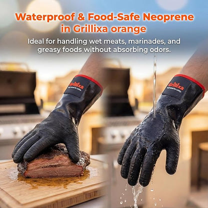 932F Light Heat Resistant BBQ Gloves, 14-Inch Waterproof Neoprene Grill Gloves, Oil & Slip Resistant with Cotton Lining, for Oven, Smoker, Fire Pit, Rotisserie and BBQ Cooking