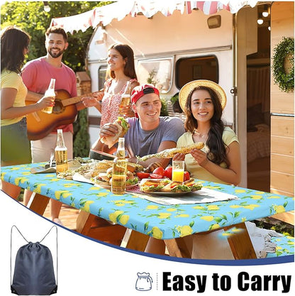 Smiry Picnic Table Cover with Bench Covers, Waterproof Elastic Fitted Tablecloth for 6 Foot Tables, Washable Polyester Tablecloths for Camping, Indoor & Outdoor (Lemon, 30x72 Inch 3-pc Set)