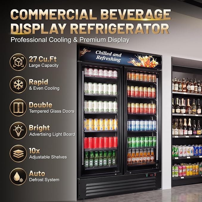 Velivi Commercial Beverage Refrigerator, Double Glass Door Display Cooler, Upright Drink Merchandiser with LED Lighting, Auto Closing Doors