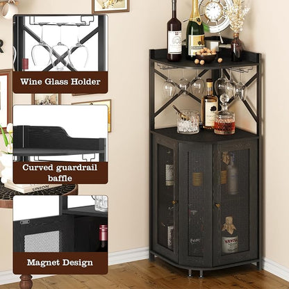 JKsmart 4-Tier Corner Bar Cabinet with LED Light and Glass Holder, Mini Bar | Industrial Liquor Cabinet with Door and Storage Shelf, Space-Saving Home Bar for Wine, Coffee and Entertaining, Black