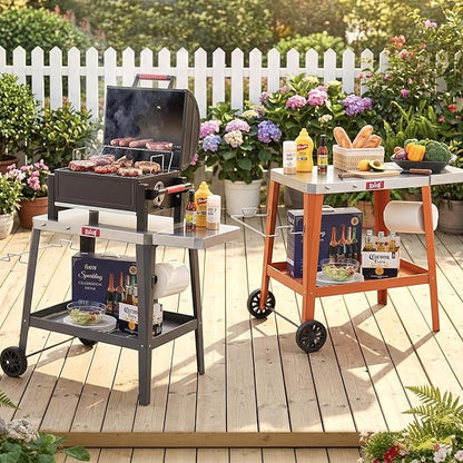 Feasto Grill Table with 31" x 19" Stainless Steel Top, Rolling Pizza Oven Stand with Foldable Extension Table, Outdoor Bar Cart for Compact Pizza Ovens & Griddles, Patio BBQ & Deck Parties, Gray