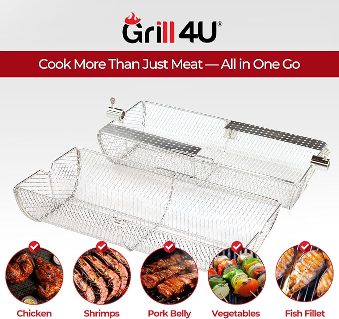 Rotisserie Basket for Outdoor Grill (15.4" x 6.8" x 6.4") - Heavy Duty Stainless Steel BBQ Basket with Reinforced Latch & Safety-Smooth Edges - Splits Apart for Easy Cleaning - Fits Most Grills