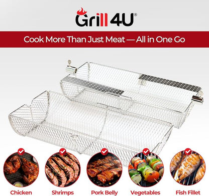 Rotisserie Basket for Outdoor Grill (15.4" x 6.8" x 6.4") - Heavy Duty Stainless Steel BBQ Basket with Reinforced Latch & Safety-Smooth Edges - Splits Apart for Easy Cleaning - Fits Most Grills