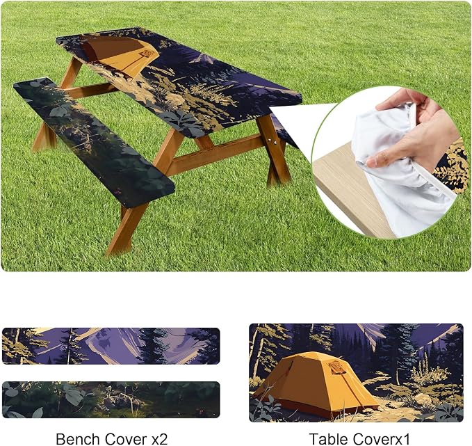 ANNA QUEEN Camping Adventure 6FT Picnic Table Cover with Bench Covers Set of 3 with Drawstring Bag, Forest Tent Scene 72"x30" Waterproof Picnic Tablecloth & Bench Covers for Outdoor Dining