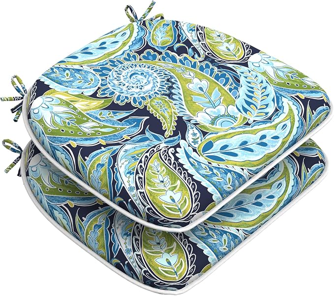 DYTXIII Set of 2 Outdoor Chair Cushions with Ties,Water Repellent Patio Chair Pads 17"x 16" for Outdoor Furniture,Round Corner Seat Cushions for Garden Yard Kitchen Paisley Lapis Green