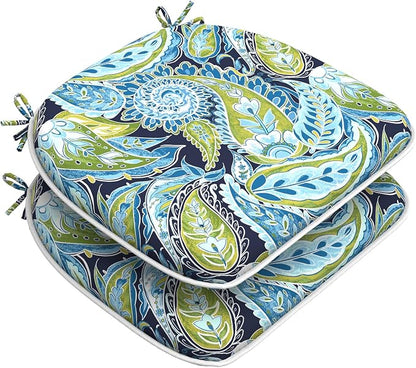 DYTXIII Set of 2 Outdoor Chair Cushions with Ties,Water Repellent Patio Chair Pads 17"x 16" for Outdoor Furniture,Round Corner Seat Cushions for Garden Yard Kitchen Paisley Lapis Green