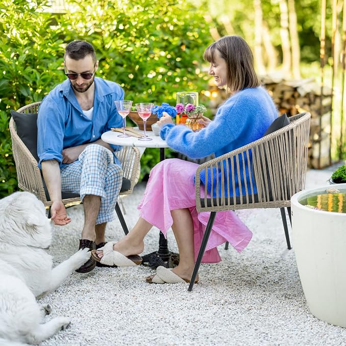 YITAHOME 3-Piece Outdoor Patio Furniture Wicker Bistro Set, All-Weather Rattan Conversation Chairs for Backyard, Balcony and Deck with Soft Cushions, Glass Side Table, Gray Rattan