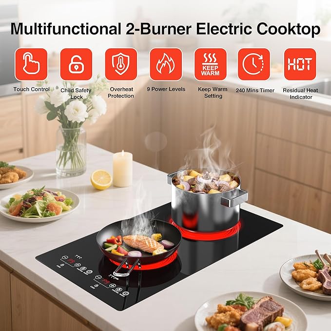 2100W Electric Cooktop 2 Burners 110V, 12" Electric Stove Top Hot Plate with Touch Control, Countertop & Built-in Ceramic Cooktop, Keep-Warm, Timer, Child Safety Lock, Compatible with All Cookware