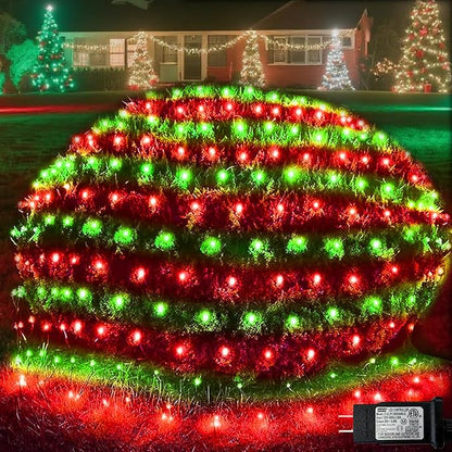 Pooqla Red and Green Christmas Net Lights Outdoor, 15x 5ft Green Wire | 300 LED Large Net Mesh Lights Plug in, 8 Modes Waterproof Connectable Bushes Lights for Christmas Hedge Yard Decor