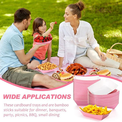 100 Pcs 2lb Paper Food Trays Boat Nacho Boats for Hot Dogs, Pink | Grease-Resistant, Disposable Kraft Paper Boat for Tacos Concession, Food Trucks, Birthday, Wedding, Christmas, Halloween