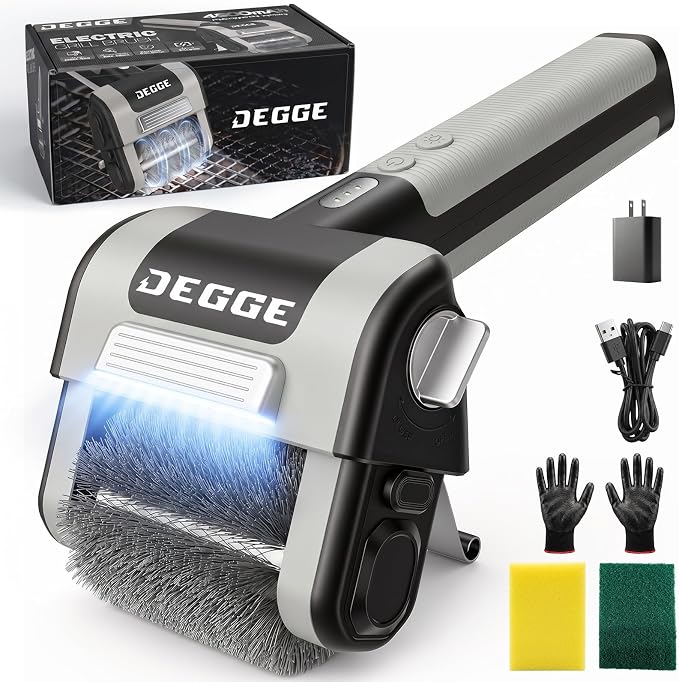 DEGGE Electric Grill Brush, Cordless BBQ Grill Cleaner with 4500mAh Battery | 800RPM High-Torque Motor, Built-in LED Light, 304 Stainless Steel Roller Brush for Uncoated Gas & Charcoal Grills