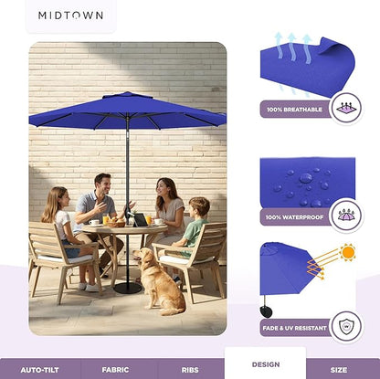 Midtown Umbrellas - 10-Year-No-Fade 10 Ft Patio Umbrella with Terylast Fabric, Auto-Tilt Aluminum Frame and 8 Reinforced Ribs for Deck, Pool, Garden & Beach - Royal Blue Canopy, Black Pole