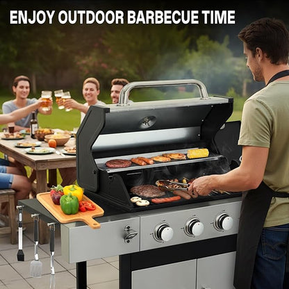 Gas Grill and Griddle Combo with Side Burner, 4-Burner Propane Grill with Porcelain-Enameled Cast Iron Grates and Double-Wall Insulated Lid, 49,000 BTU BBQ Grill for Outdoor Cooking