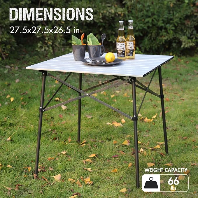 Portal Lightweight Aluminum Folding Square Table Roll Up Top 4 People Table | Portable Outdoor Design; Durable Construction; Easy Setup & Storage;Color: White