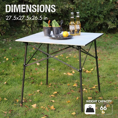Portal Lightweight Aluminum Folding Square Table Roll Up Top 4 People Table | Portable Outdoor Design; Durable Construction; Easy Setup & Storage;Color: White