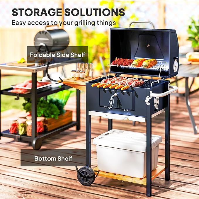 Durable Compact Heavy-Duty Charcoal Barbecue Grill Portable with Side Table and Bottom Storage Shelf Wheels and Handle Black