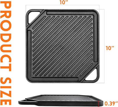 GGC Cast Iron Reversible Griddle | Double-sided Griddle Pan for Stove Tops and Gas Grills, 10"x 10" Square Baking Flat and Ribbed Griddle for Camping stoves